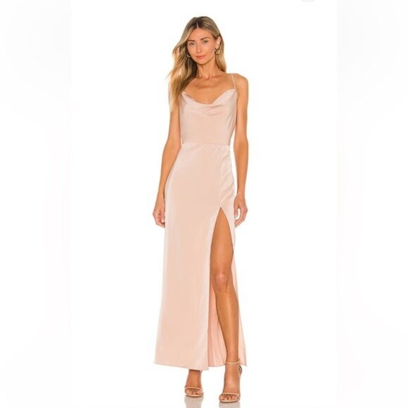 NBD Revolve Lila Champagne Satin Gown Side Slit Maxi Dress Womens Size Small NWT - Picture 16 of 16